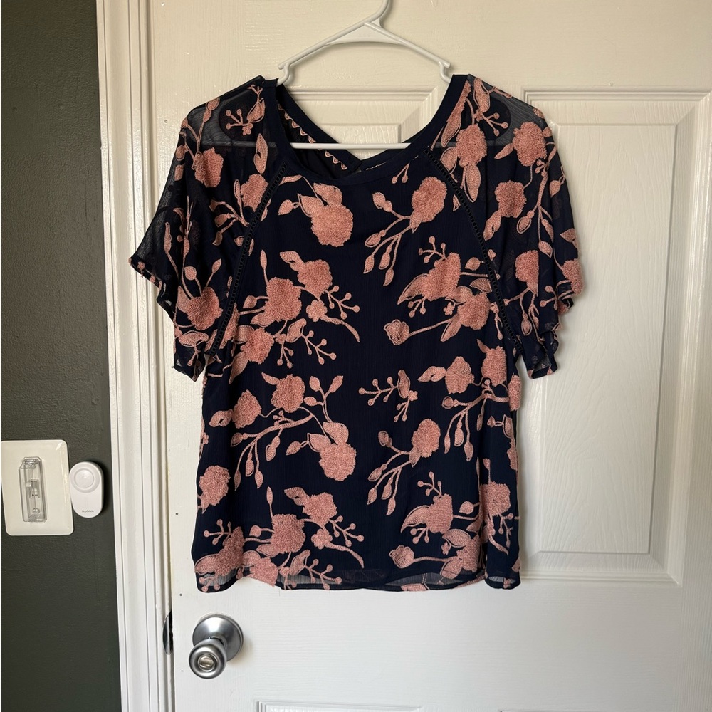 Maeve by Anthropologie Navy and Pink embroidered silk blouse